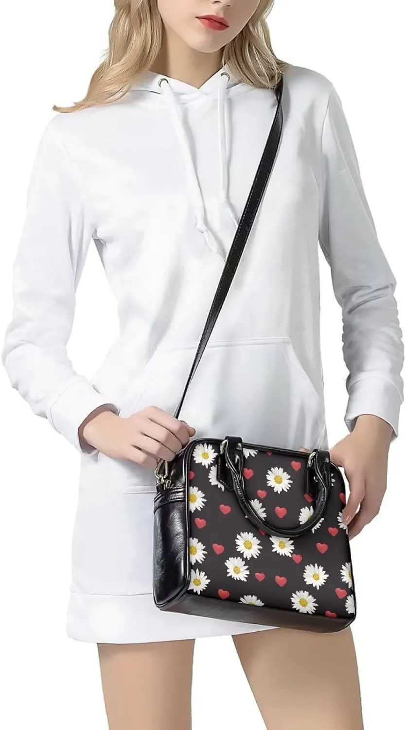 Forchrinse Daisy Love Heart Satchel Handbag for Women Ladies Top Handle Satchel Purse Pu Leather Crossbody Shoulder Bags