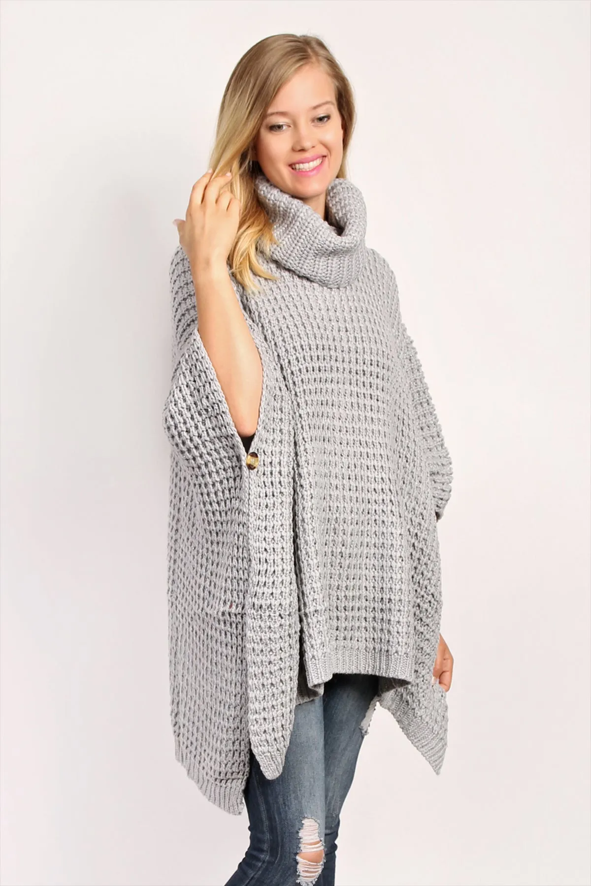 FSP10020GYSIV GREY SILVER SCARF CABLE KNIT SINGLE WRAP BUTTON EMBELLISHED TASSEL