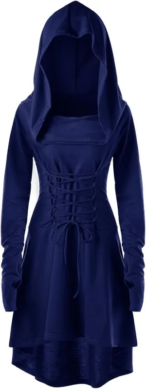 Gemijack Womens Renaissance Costumes Hooded Robe Lace Up Vintage Pullover High Low Long Hoodie Dress Cloak