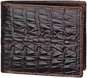 Genuine Real Leather Short Bifold Wallet for Men, RFID Blocking 3D Animal Print Retro Vintage Embossed Clutch Purse. Horizontal Crocodile Tail Coffee
