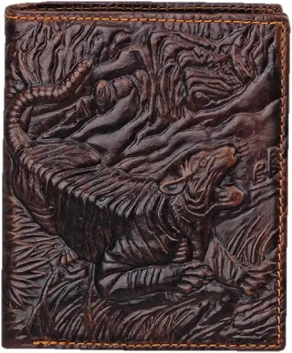 Genuine Real Leather Short Bifold Wallet for Men, RFID Blocking 3D Animal Print Retro Vintage Embossed Clutch Purse. Vertical Tiger Coffee