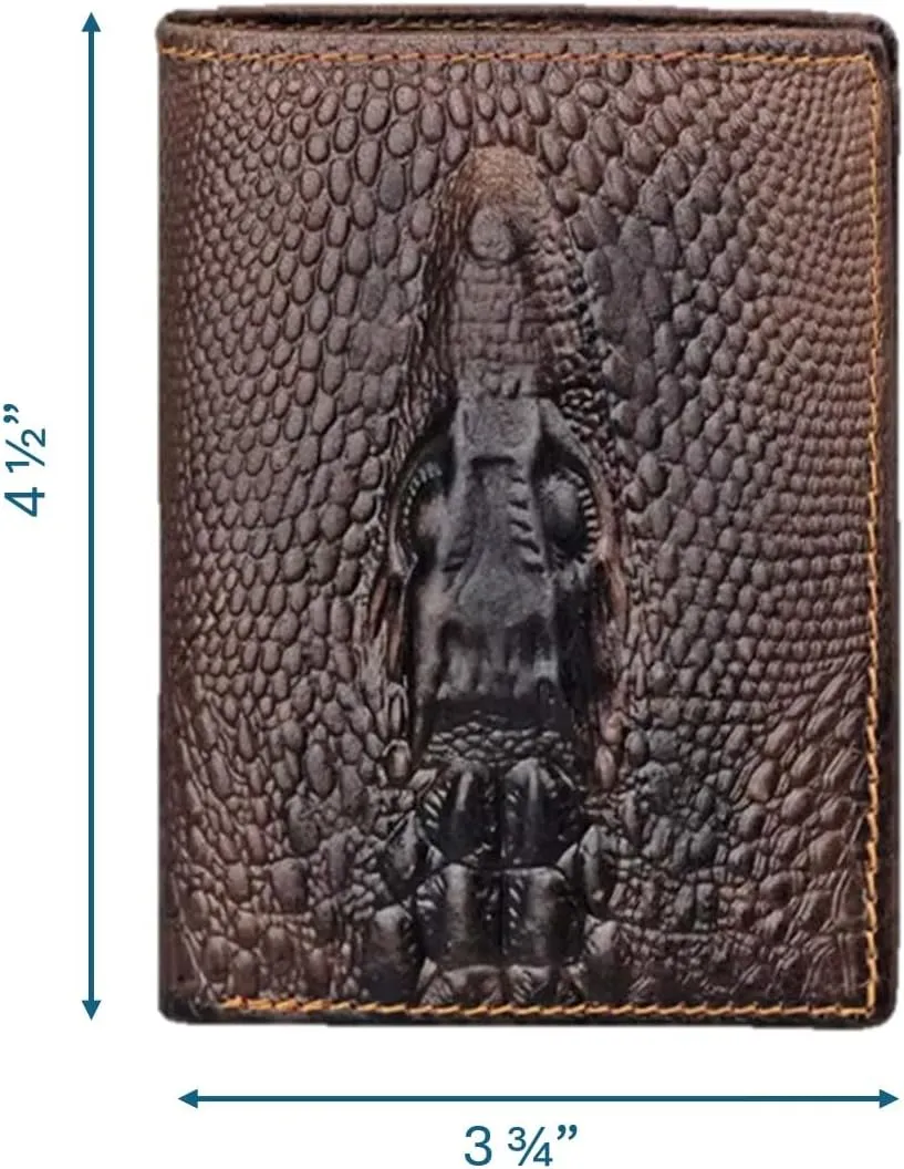 Genuine Real Leather Short Bifold Wallet for Men, RFID Blocking 3D Animal Print Retro Vintage Embossed Clutch Purse. Vertical Tiger Coffee