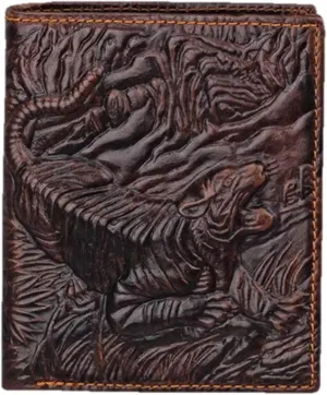 Genuine Real Leather Short Bifold Wallet for Men, RFID Blocking 3D Animal Print Retro Vintage Embossed Clutch Purse. Vertical Tiger Coffee