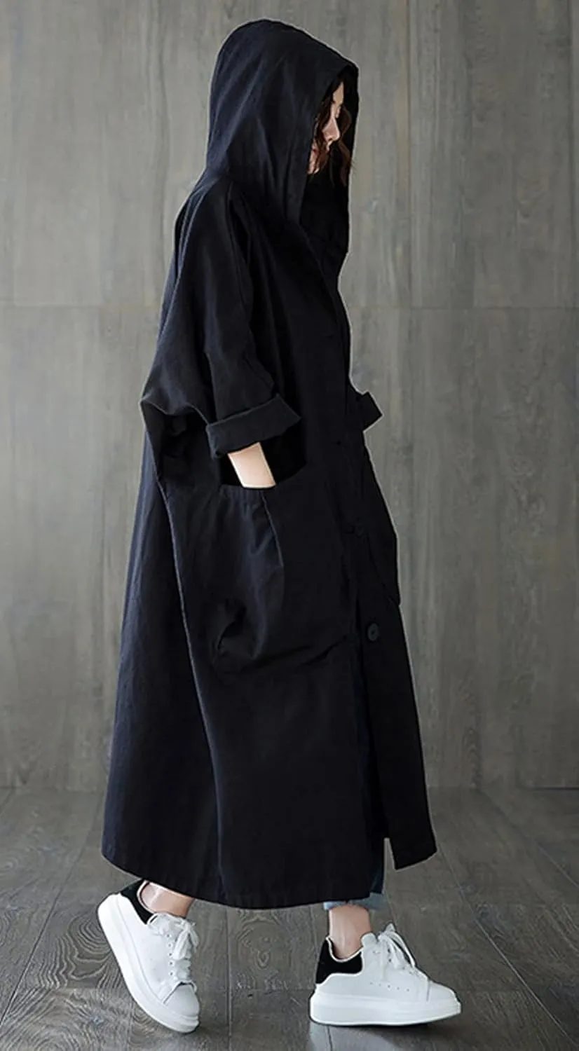 GGUHHU Womens Loose Fit Batwing Sleeve Single Breasted Hooded Windbreaker Long Trench Coat