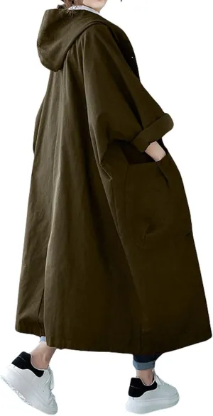 GGUHHU Womens Loose Fit Batwing Sleeve Single Breasted Hooded Windbreaker Long Trench Coat