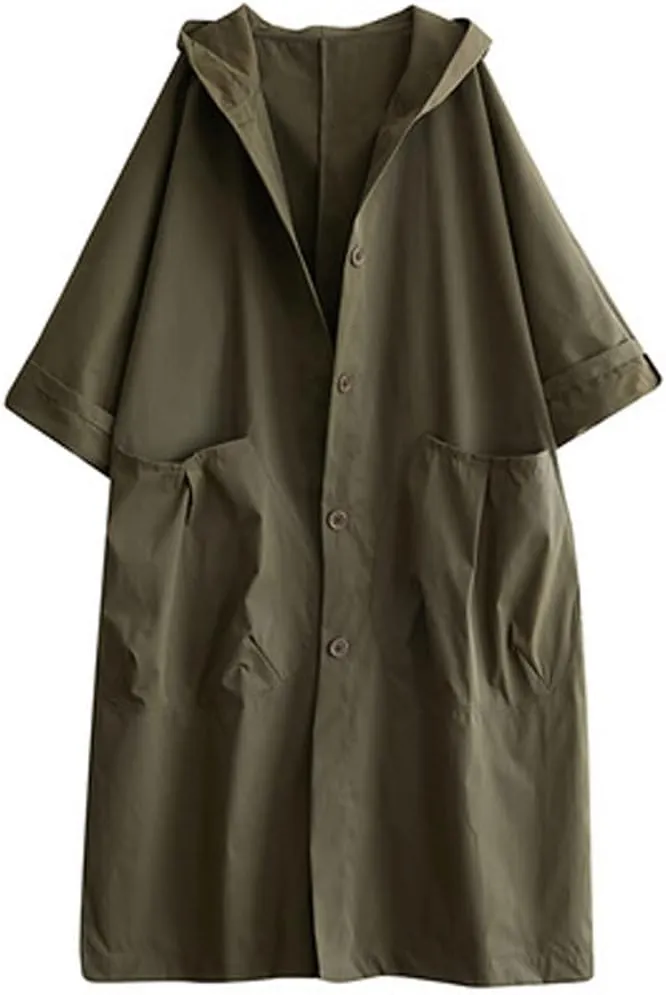 GGUHHU Womens Loose Fit Batwing Sleeve Single Breasted Hooded Windbreaker Long Trench Coat