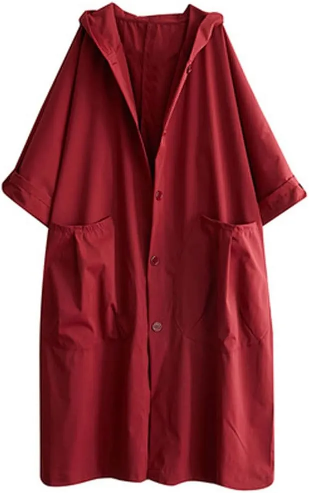 GGUHHU Womens Loose Fit Batwing Sleeve Single Breasted Hooded Windbreaker Long Trench Coat