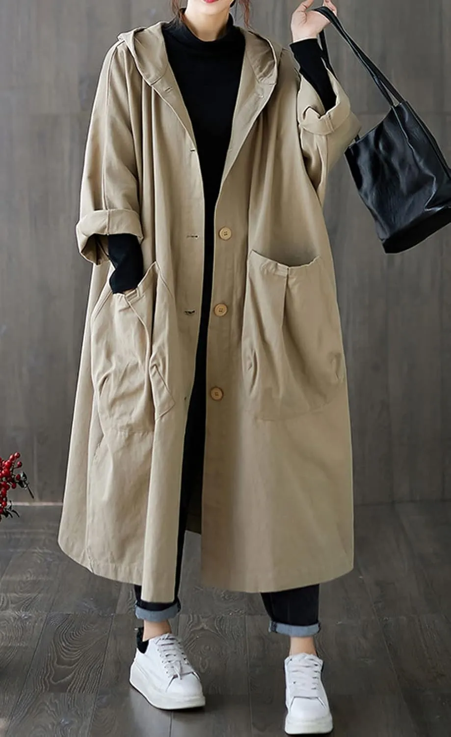 GGUHHU Womens Loose Fit Batwing Sleeve Single Breasted Hooded Windbreaker Long Trench Coat