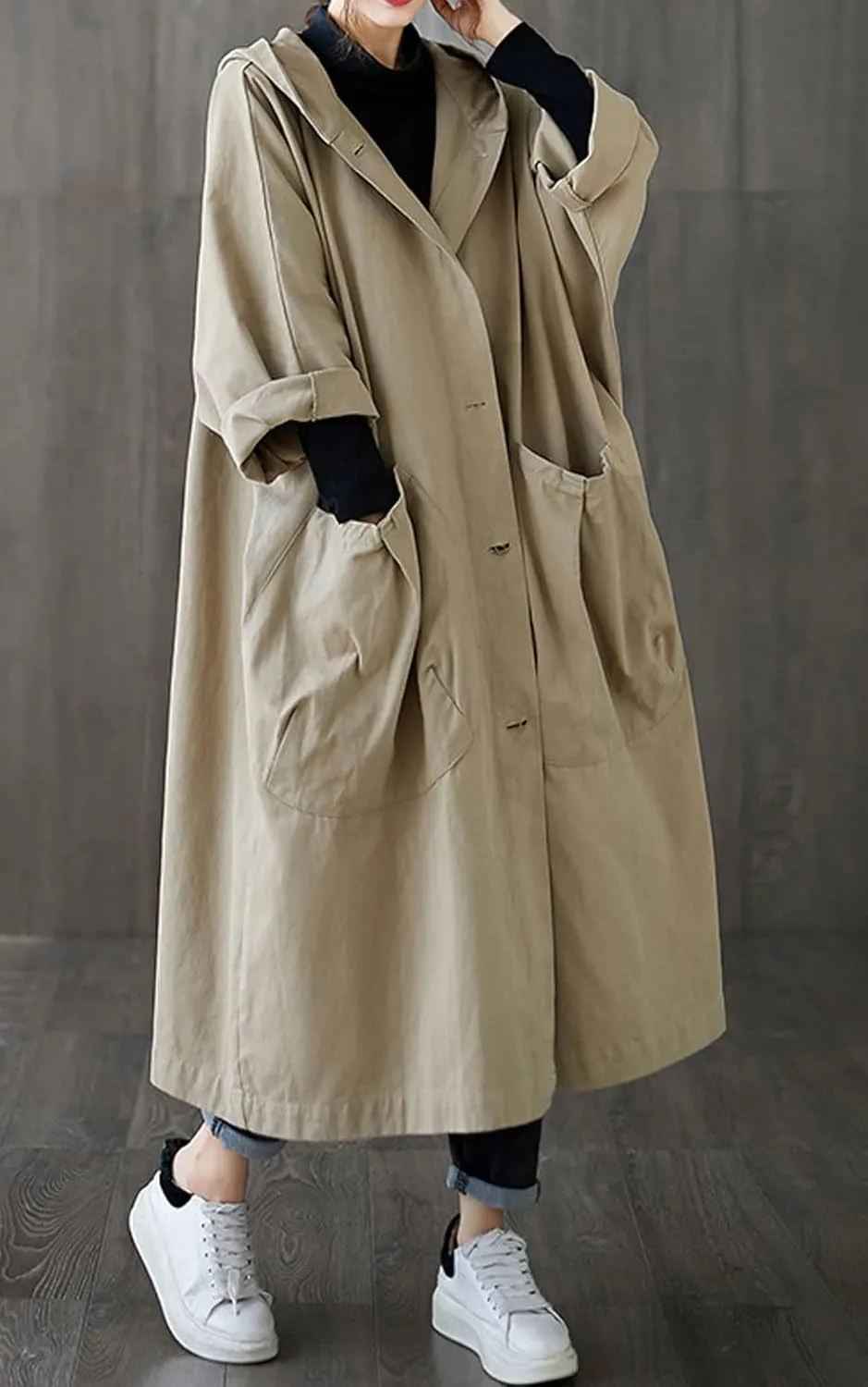 GGUHHU Womens Loose Fit Batwing Sleeve Single Breasted Hooded Windbreaker Long Trench Coat