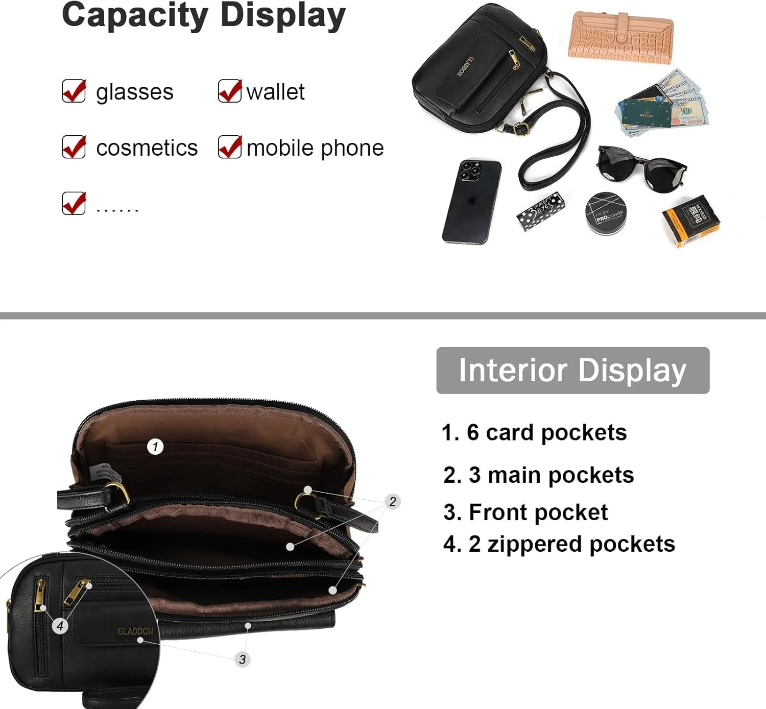 Gladdon Small Crossbody Bags for Women Multi Pocket Shoulder Purses Leather Lady Satchel Handbags Trendy