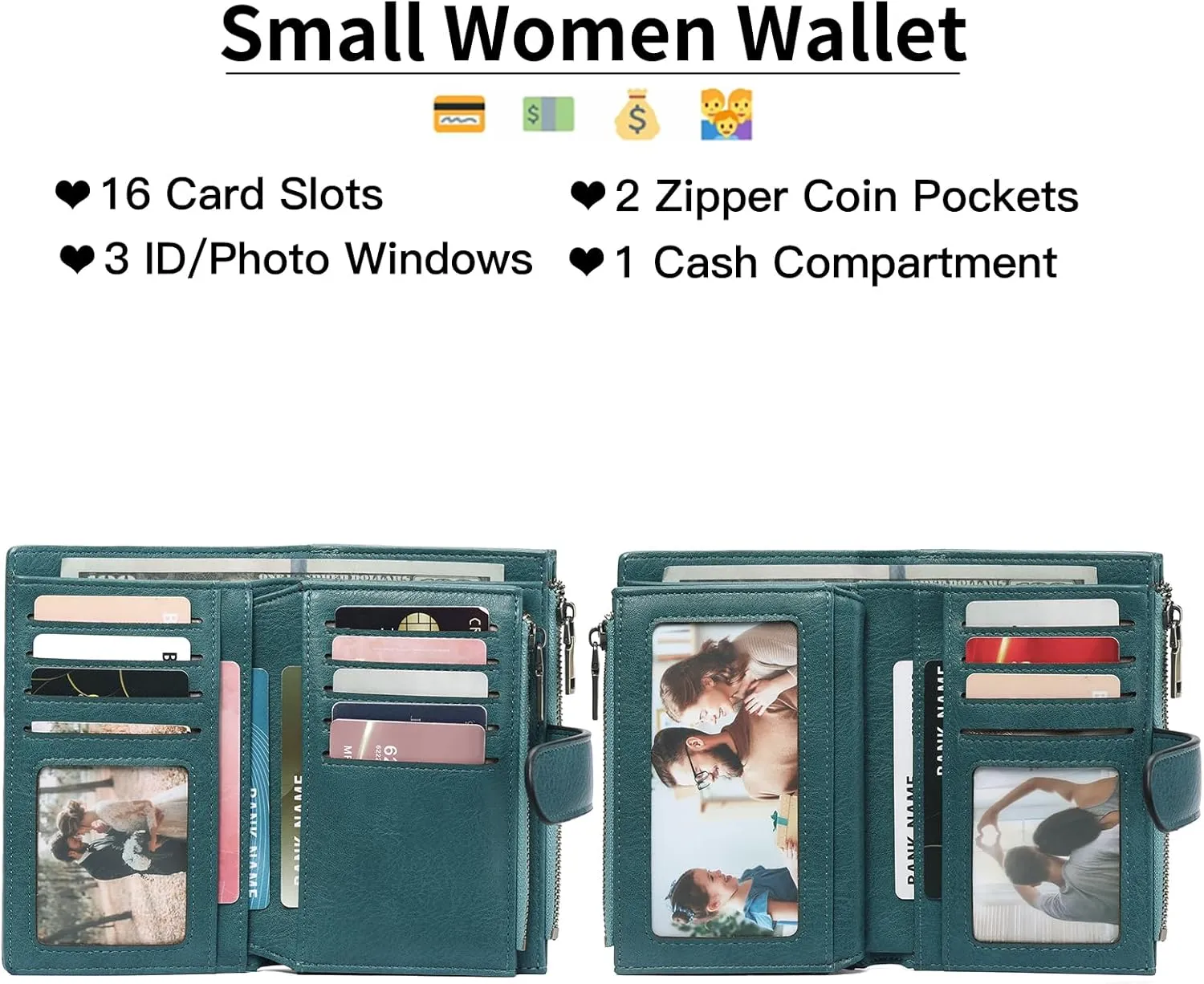 GOIACII Womens Wallets Rfid Credit Card Holder with 2 Zipper Pockets, 3 ID Windows Ladies Purse Leather