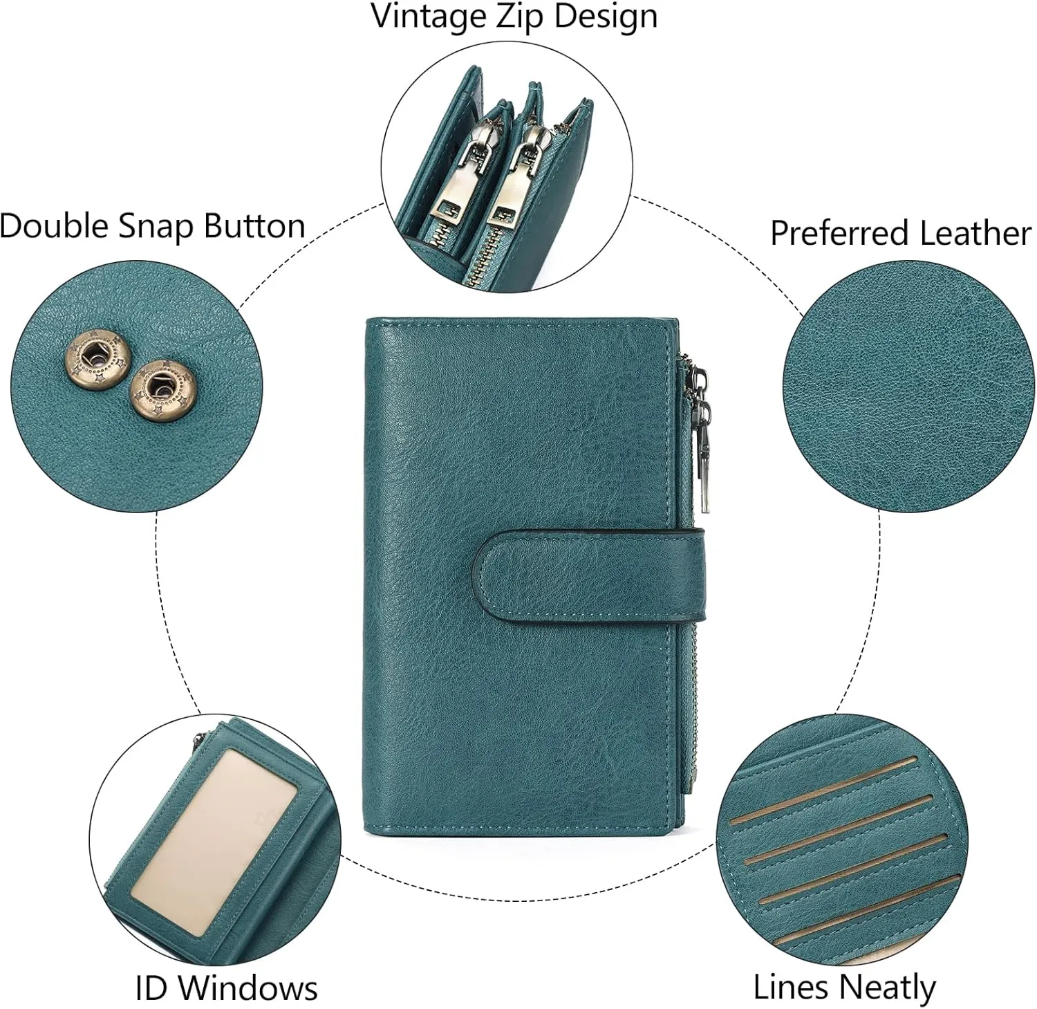 GOIACII Womens Wallets Rfid Credit Card Holder with 2 Zipper Pockets, 3 ID Windows Ladies Purse Leather