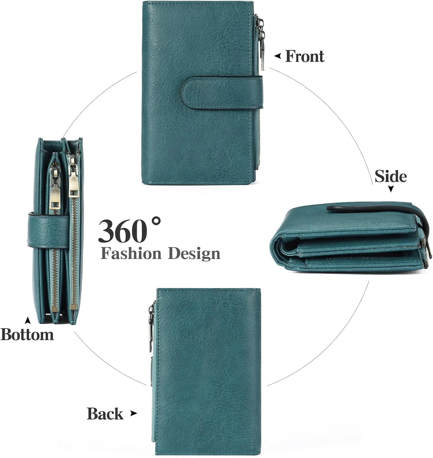 GOIACII Womens Wallets Rfid Credit Card Holder with 2 Zipper Pockets, 3 ID Windows Ladies Purse Leather