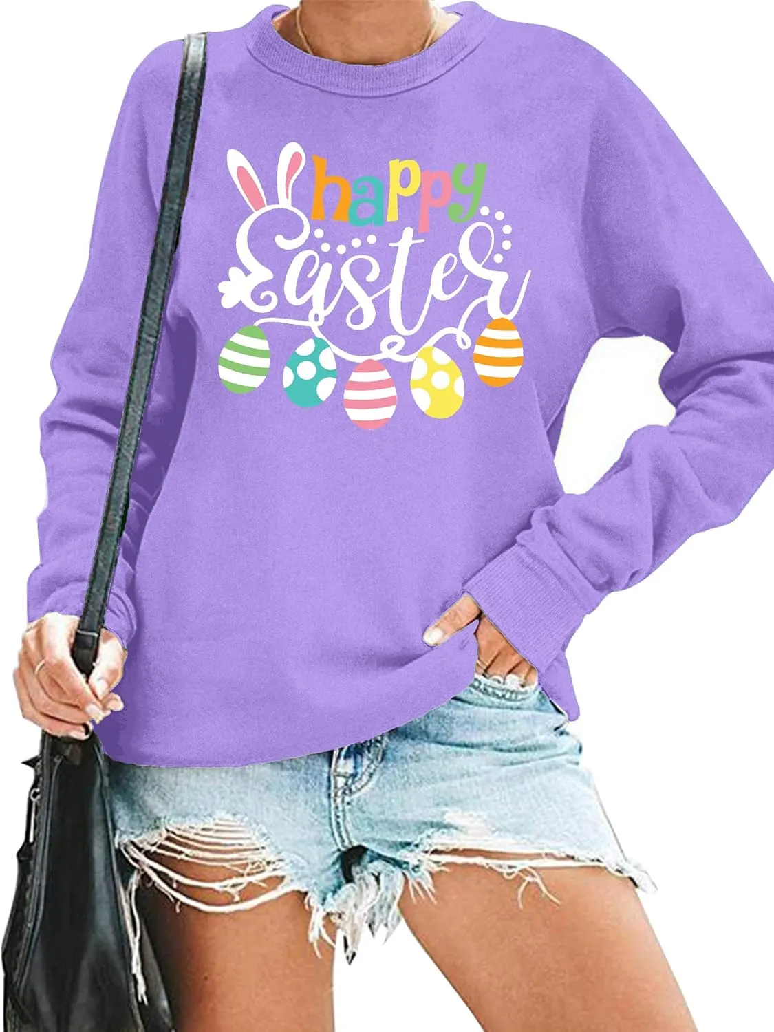hohololo Women Happy Easter Sweatshirt Bunny Rabbit Graphic Shirt Cute Letter Printed Long Sleeve Pullover