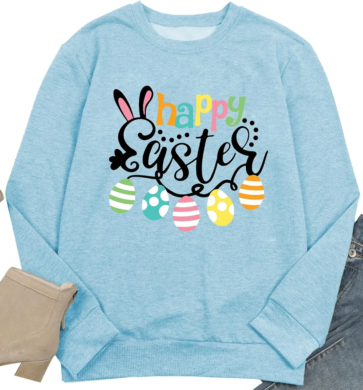 hohololo Women Happy Easter Sweatshirt Bunny Rabbit Graphic Shirt Cute Letter Printed Long Sleeve Pullover