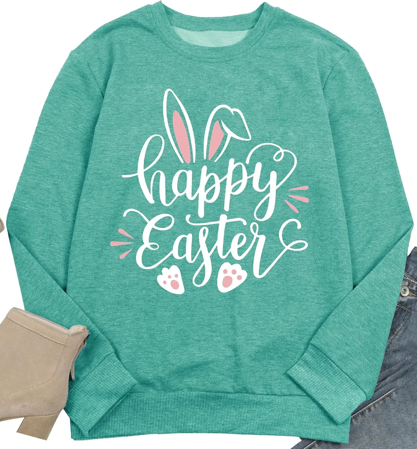 hohololo Women Happy Easter Sweatshirt Bunny Rabbit Graphic Shirt Cute Letter Printed Long Sleeve Pullover