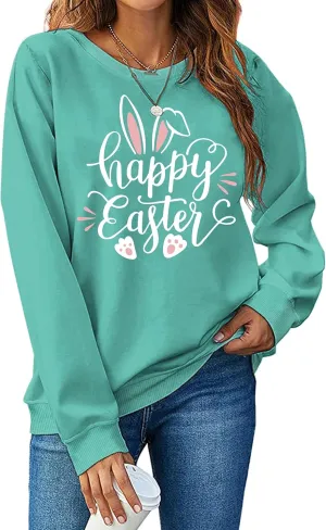 hohololo Women Happy Easter Sweatshirt Bunny Rabbit Graphic Shirt Cute Letter Printed Long Sleeve Pullover