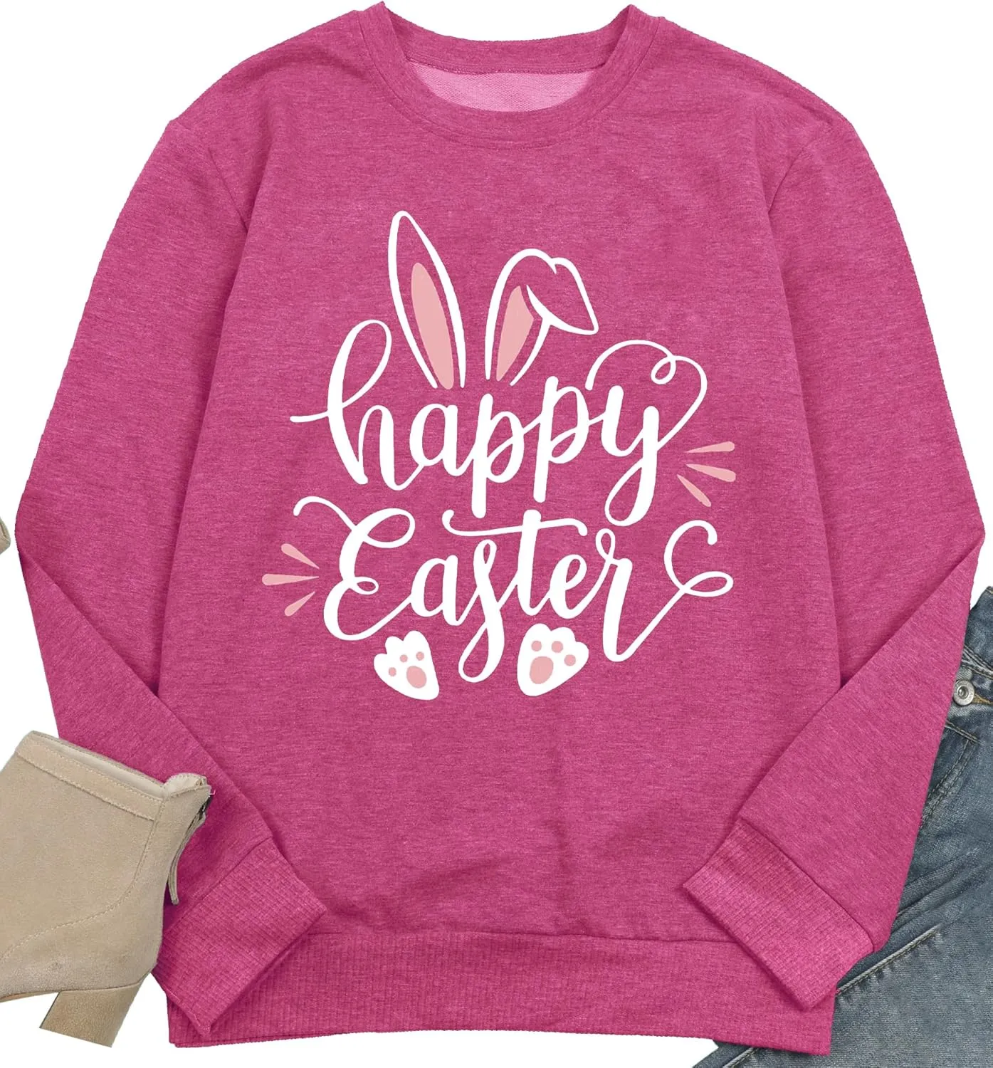 hohololo Women Happy Easter Sweatshirt Bunny Rabbit Graphic Shirt Cute Letter Printed Long Sleeve Pullover