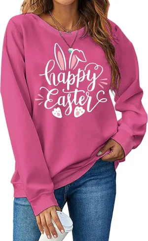 hohololo Women Happy Easter Sweatshirt Bunny Rabbit Graphic Shirt Cute Letter Printed Long Sleeve Pullover