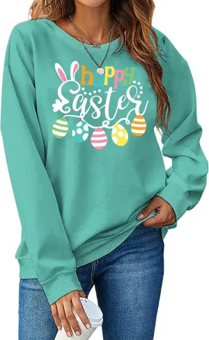 hohololo Women Happy Easter Sweatshirt Bunny Rabbit Graphic Shirt Cute Letter Printed Long Sleeve Pullover