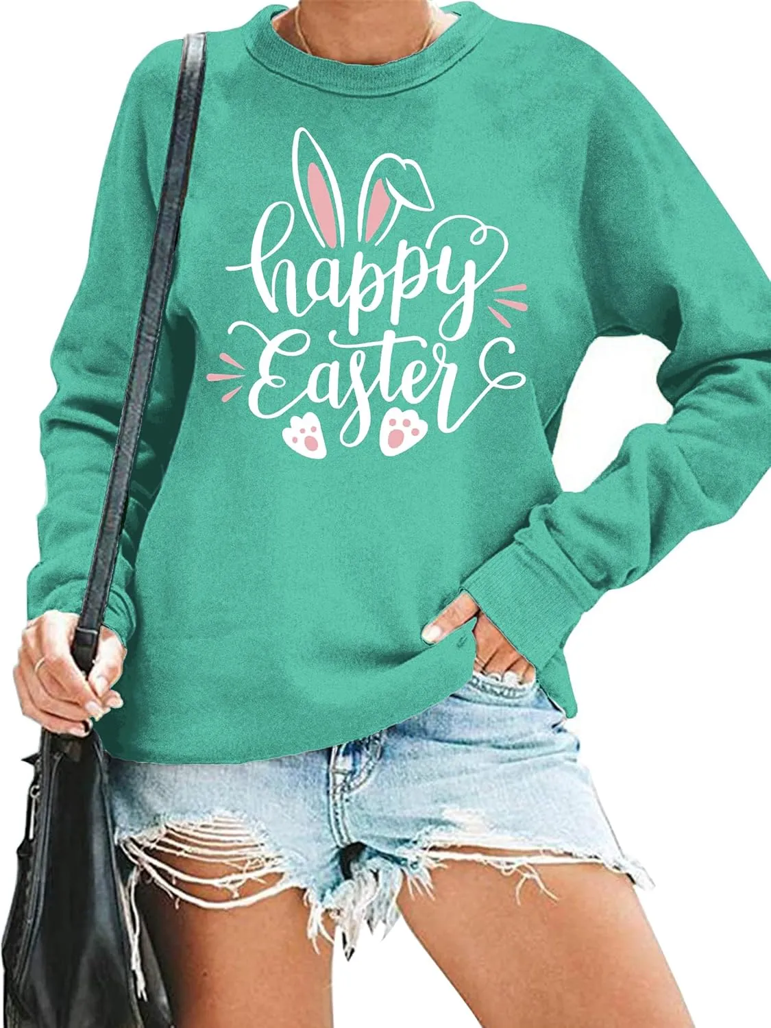 hohololo Women Happy Easter Sweatshirt Bunny Rabbit Graphic Shirt Cute Letter Printed Long Sleeve Pullover