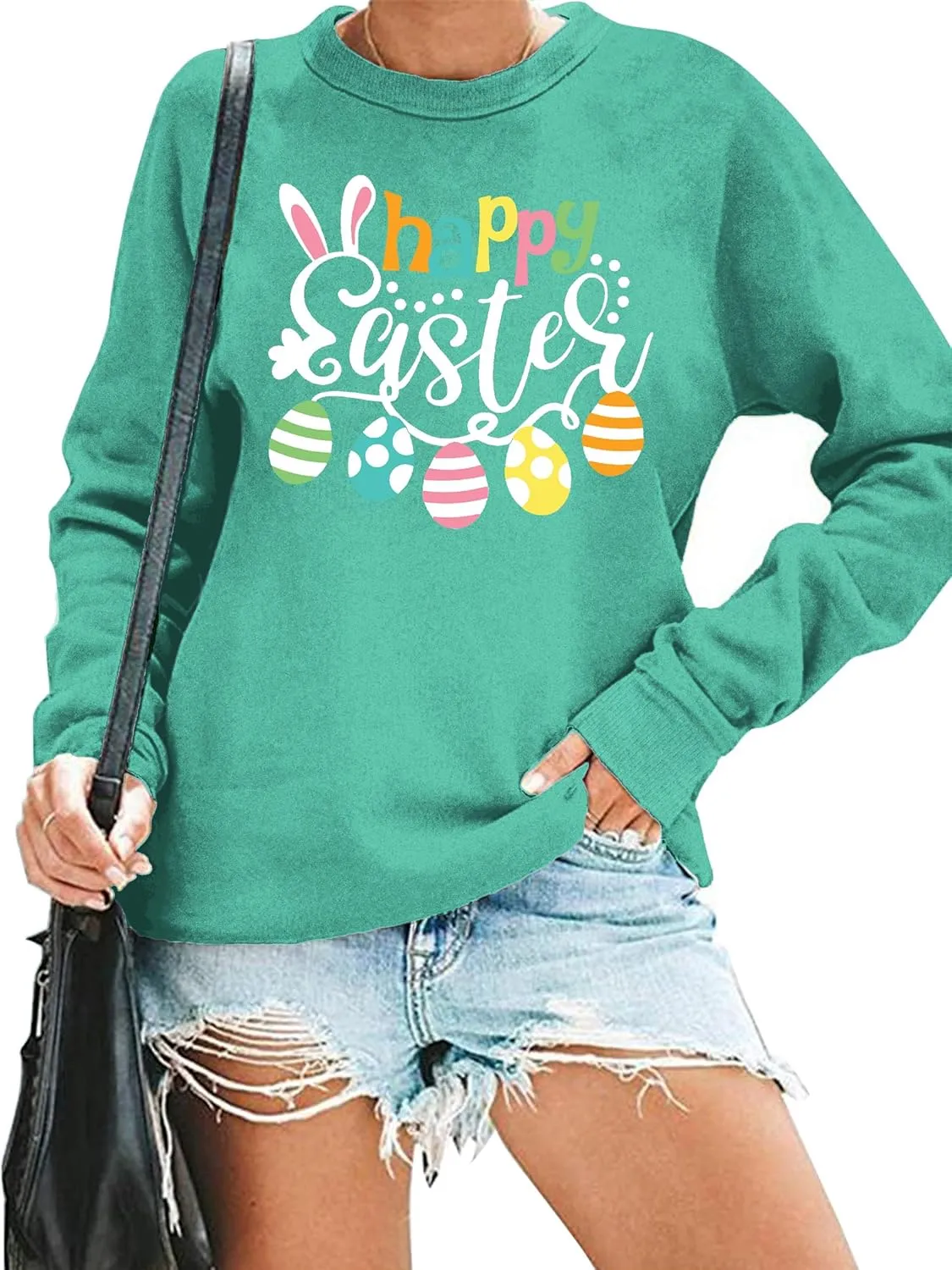 hohololo Women Happy Easter Sweatshirt Bunny Rabbit Graphic Shirt Cute Letter Printed Long Sleeve Pullover