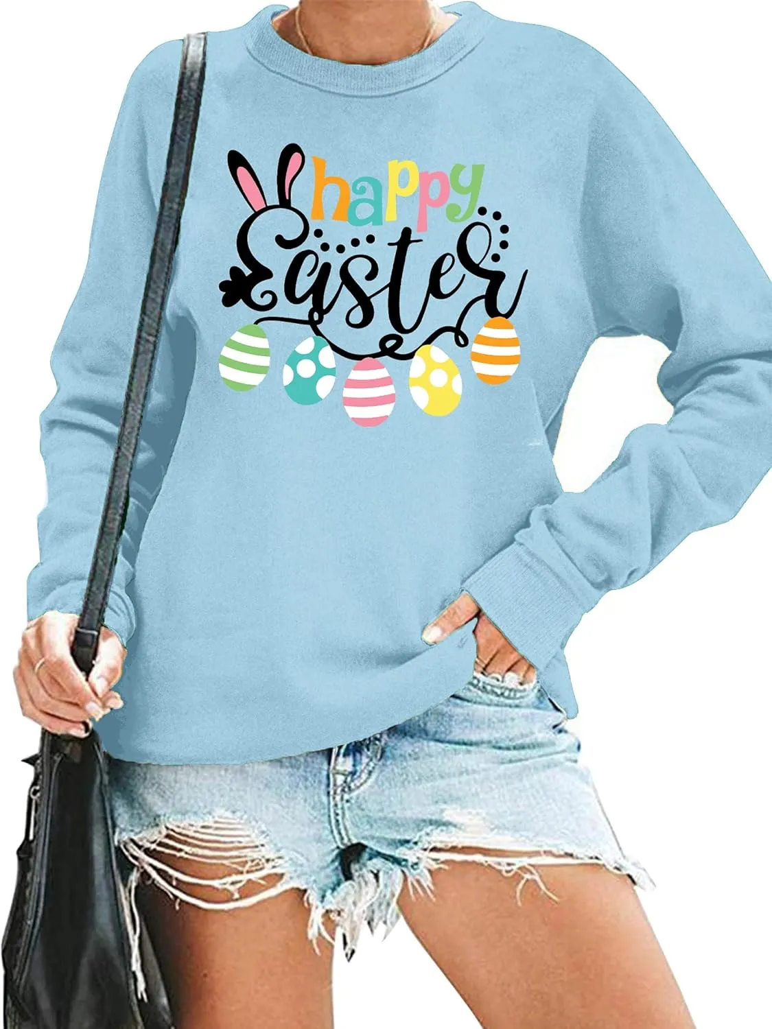 hohololo Women Happy Easter Sweatshirt Bunny Rabbit Graphic Shirt Cute Letter Printed Long Sleeve Pullover