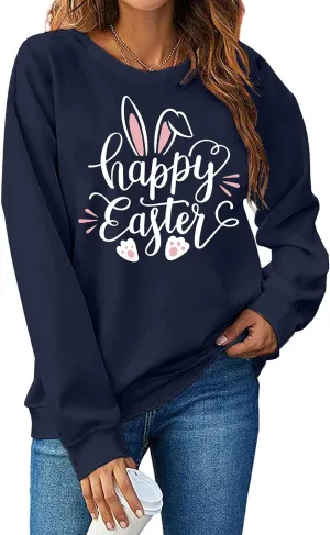 hohololo Women Happy Easter Sweatshirt Bunny Rabbit Graphic Shirt Cute Letter Printed Long Sleeve Pullover