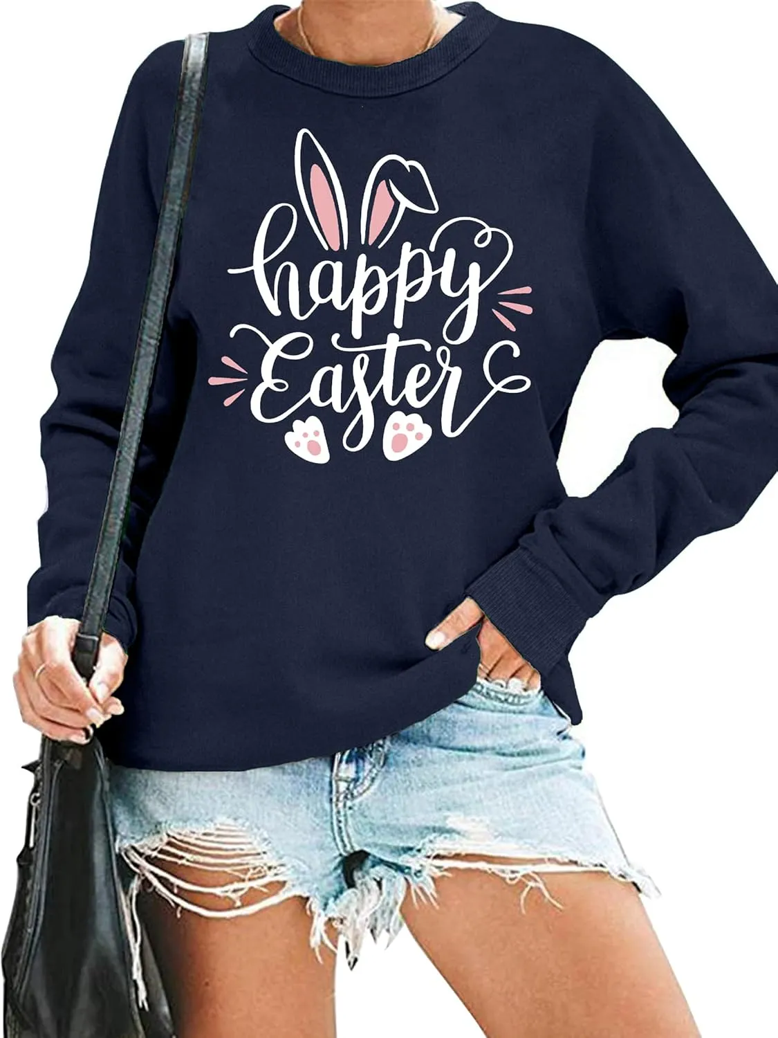 hohololo Women Happy Easter Sweatshirt Bunny Rabbit Graphic Shirt Cute Letter Printed Long Sleeve Pullover