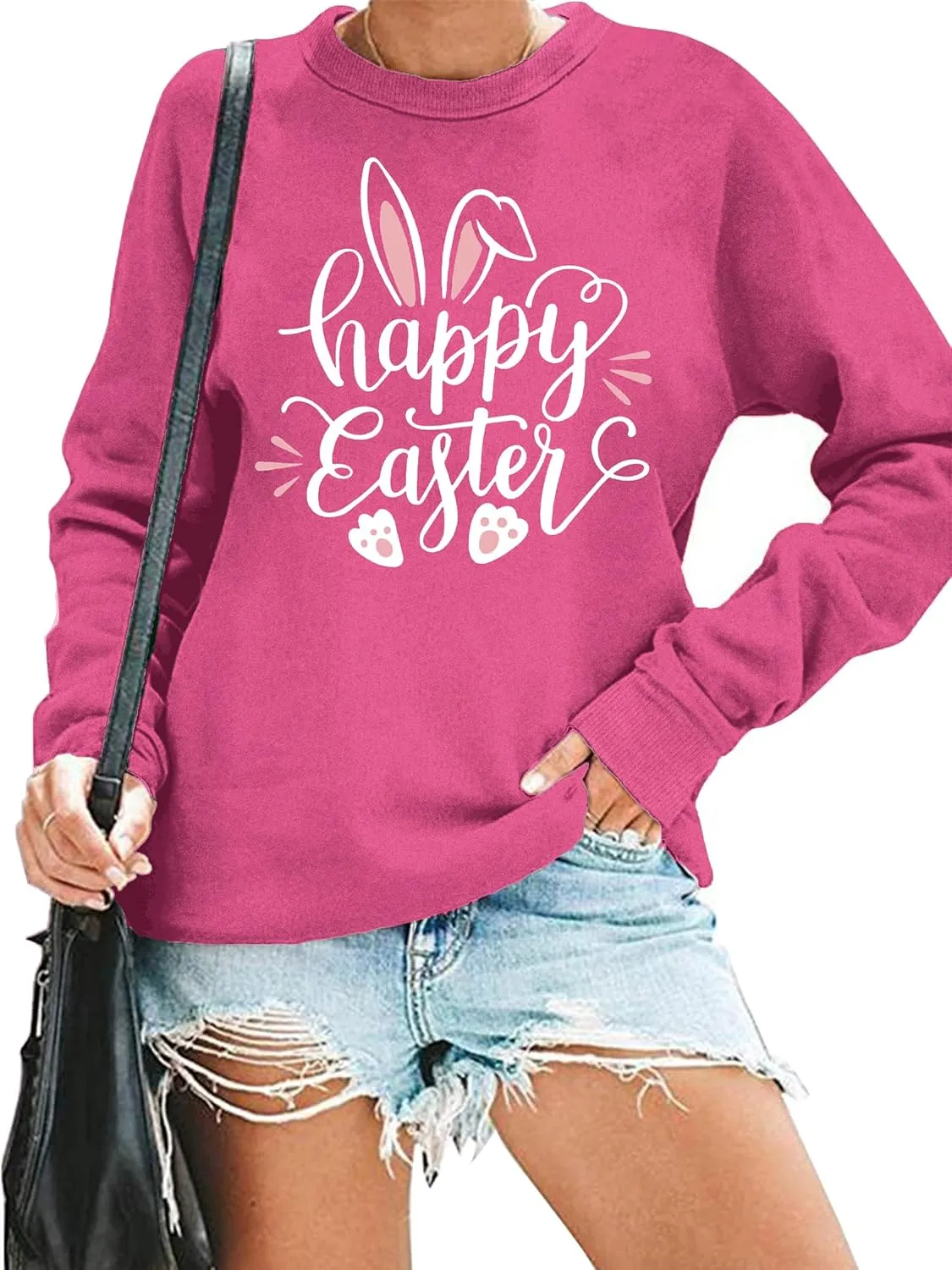 hohololo Women Happy Easter Sweatshirt Bunny Rabbit Graphic Shirt Cute Letter Printed Long Sleeve Pullover
