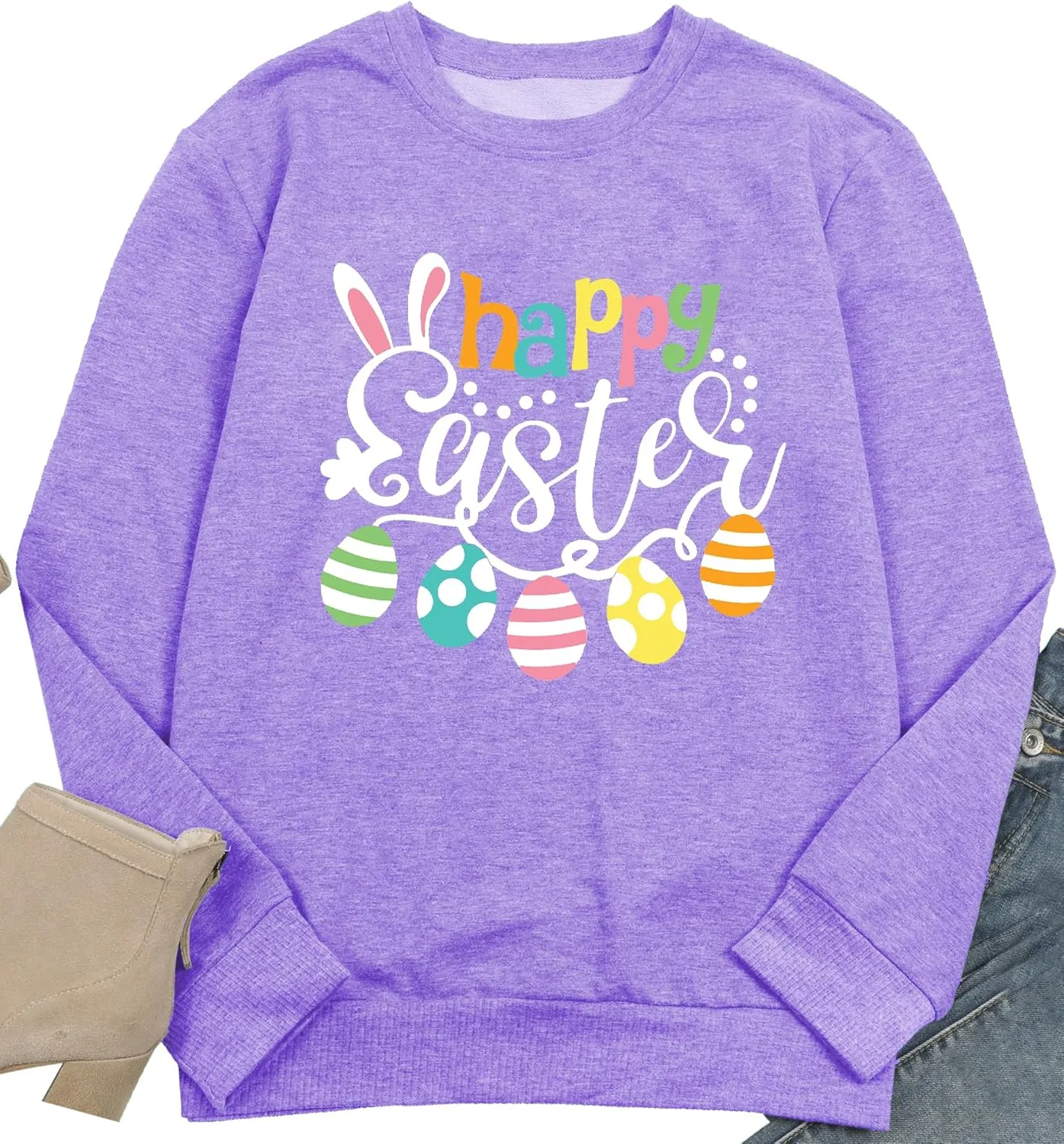 hohololo Women Happy Easter Sweatshirt Bunny Rabbit Graphic Shirt Cute Letter Printed Long Sleeve Pullover