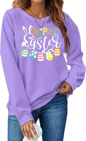 hohololo Women Happy Easter Sweatshirt Bunny Rabbit Graphic Shirt Cute Letter Printed Long Sleeve Pullover