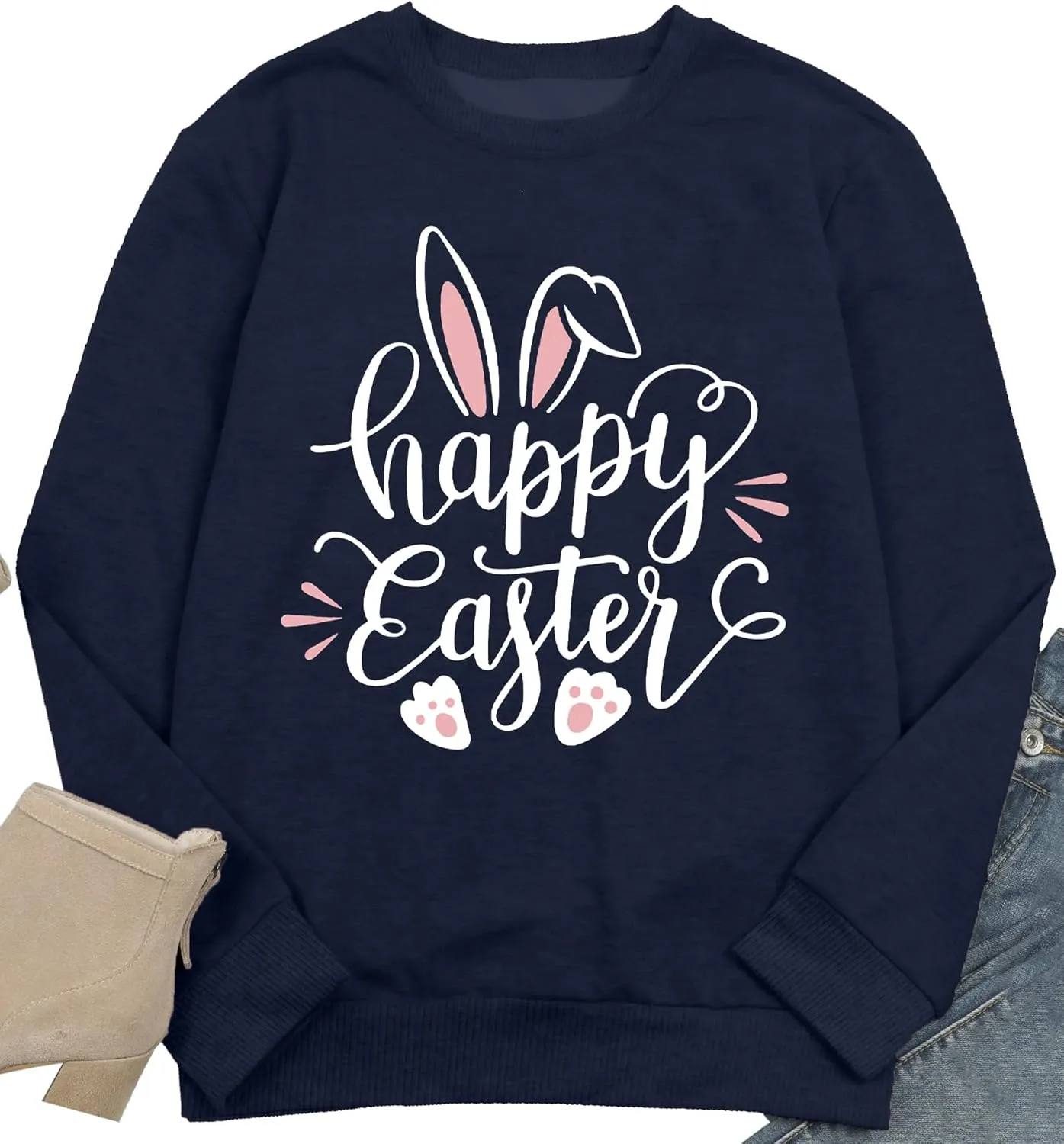 hohololo Women Happy Easter Sweatshirt Bunny Rabbit Graphic Shirt Cute Letter Printed Long Sleeve Pullover