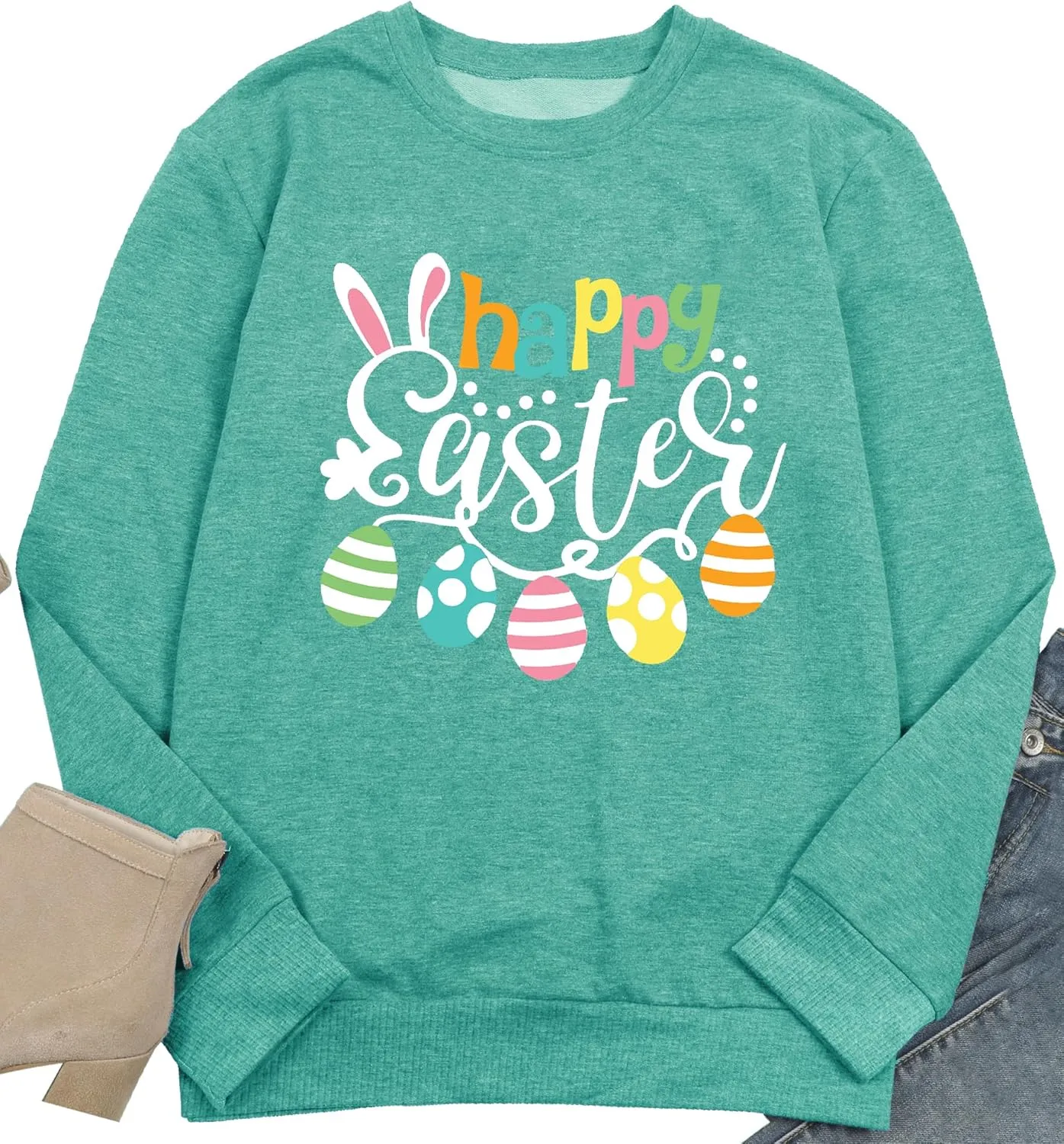 hohololo Women Happy Easter Sweatshirt Bunny Rabbit Graphic Shirt Cute Letter Printed Long Sleeve Pullover