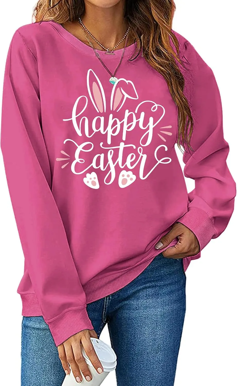 hohololo Women Happy Easter Sweatshirt Bunny Rabbit Graphic Shirt Cute Letter Printed Long Sleeve Pullover