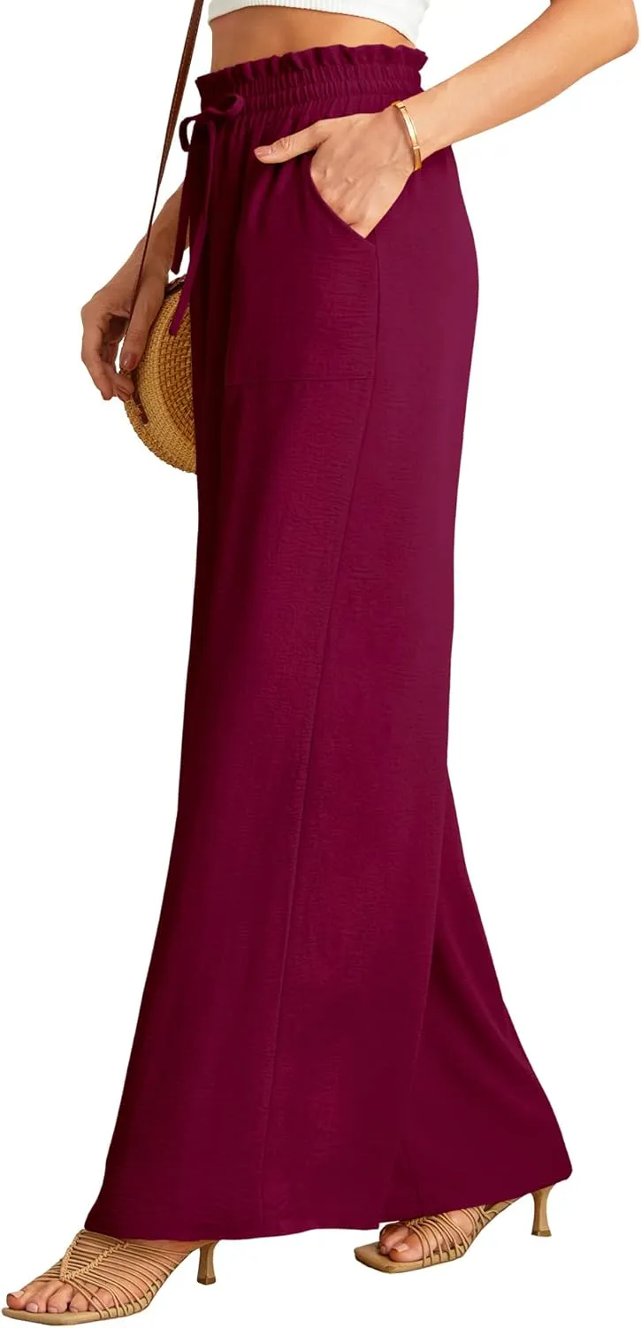 JINKESI Women Wide Leg Pants High Waist Loose Flowy Adjustable Tie Knot Trousers Business Casual Pants with Pockets