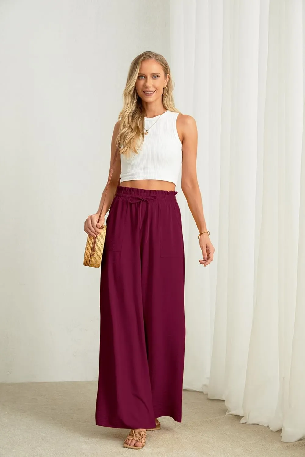 JINKESI Women Wide Leg Pants High Waist Loose Flowy Adjustable Tie Knot Trousers Business Casual Pants with Pockets