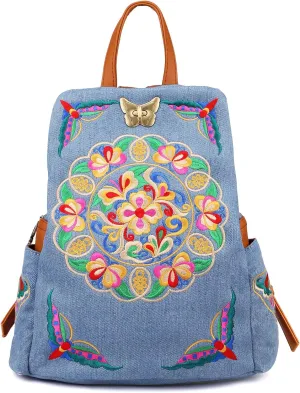 Jursccu Denim Embroidered Floral Canvas Backpacks for Women Anti theft Retro Jeans Travel Ethnic Style Shoulder Bag one-size