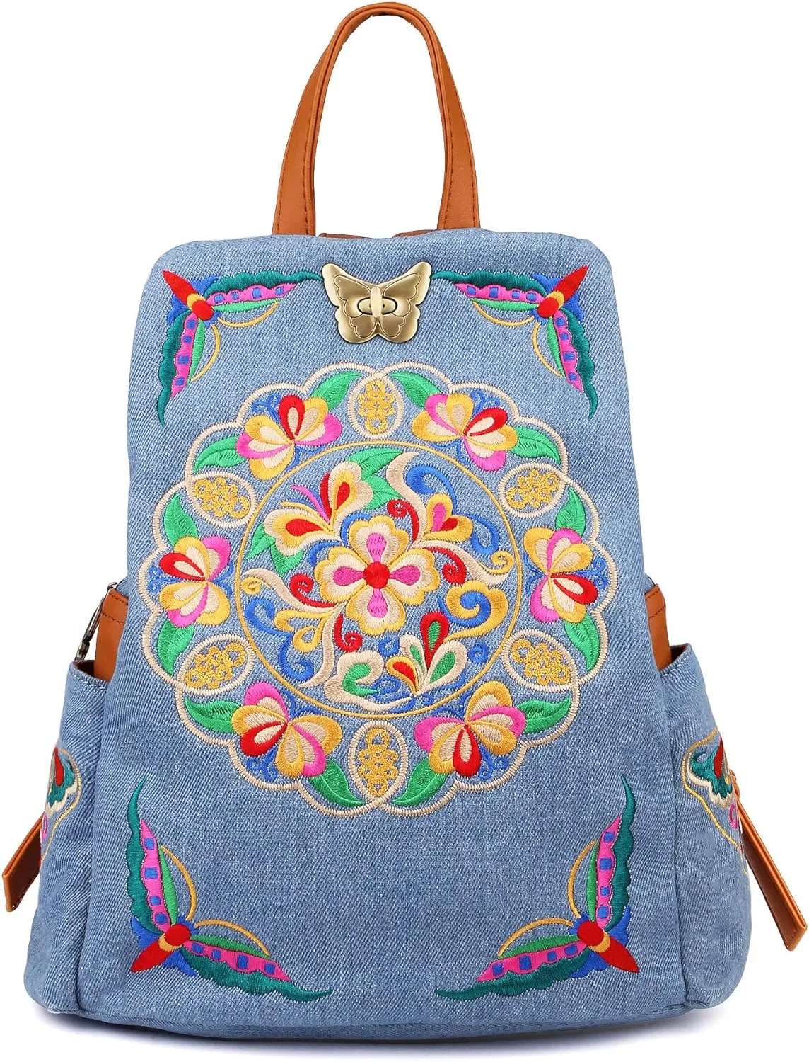 Jursccu Denim Embroidered Floral Canvas Backpacks for Women Anti theft Retro Jeans Travel Ethnic Style Shoulder Bag one-size