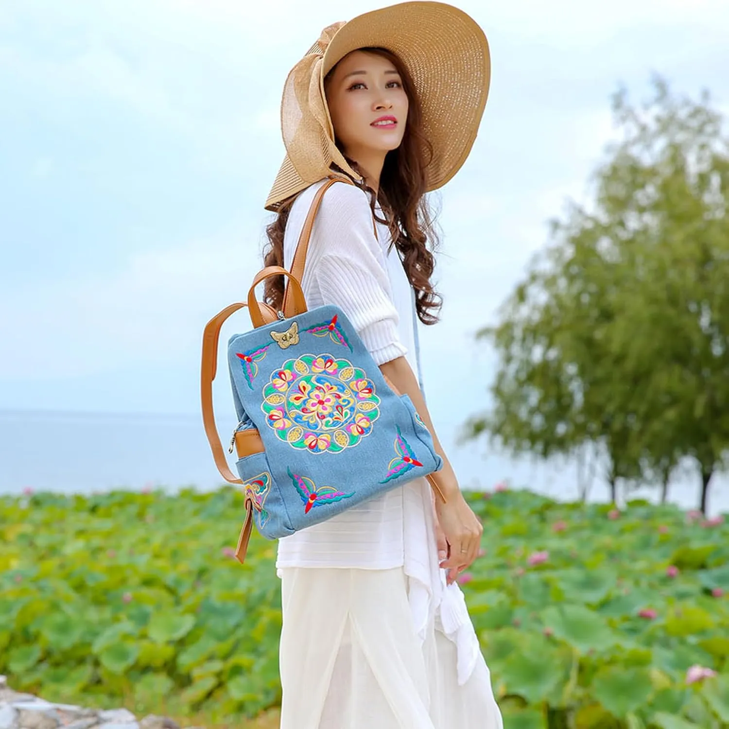 Jursccu Denim Embroidered Floral Canvas Backpacks for Women Anti theft Retro Jeans Travel Ethnic Style Shoulder Bag one-size