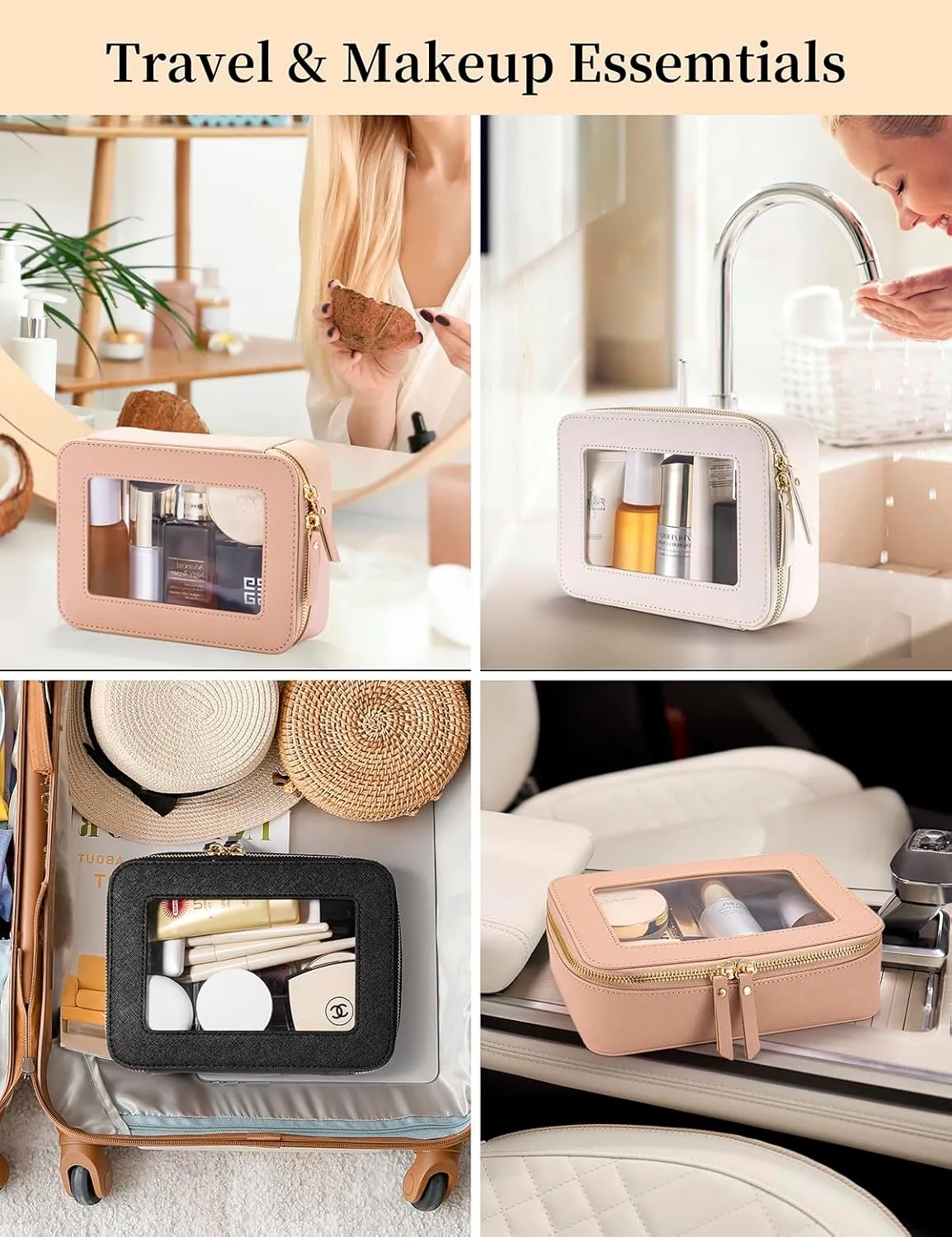 Keains Clear Makeup Bag for Women Cosmetic Organizer Case Transparent Waterproof Travel Toiletry Bag with Zipper Portable Make Up Organizer Traveling Compact Car Bag for EssentialsPink