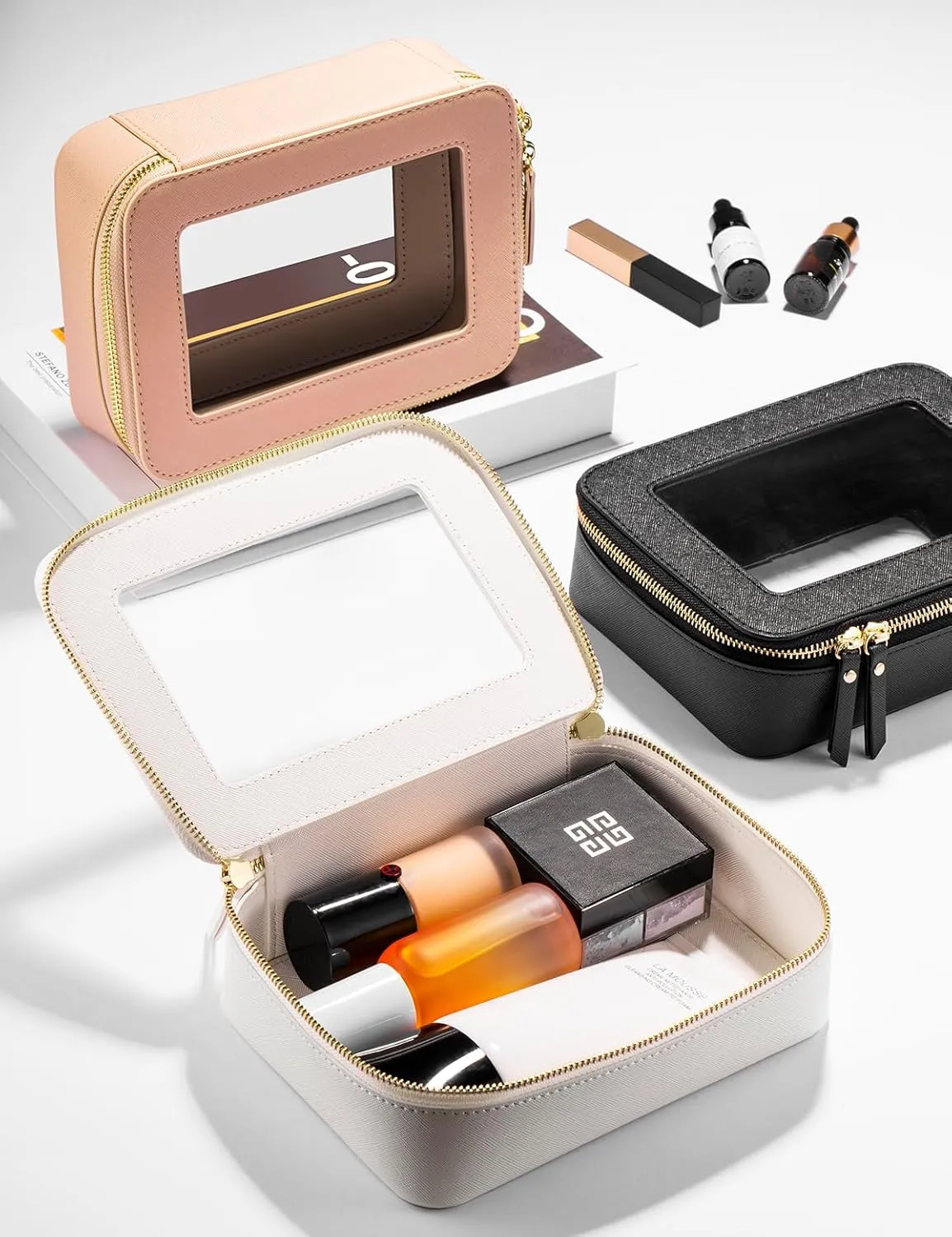 Keains Clear Makeup Bag for Women Cosmetic Organizer Case Transparent Waterproof Travel Toiletry Bag with Zipper Portable Make Up Organizer Traveling Compact Car Bag for EssentialsPink