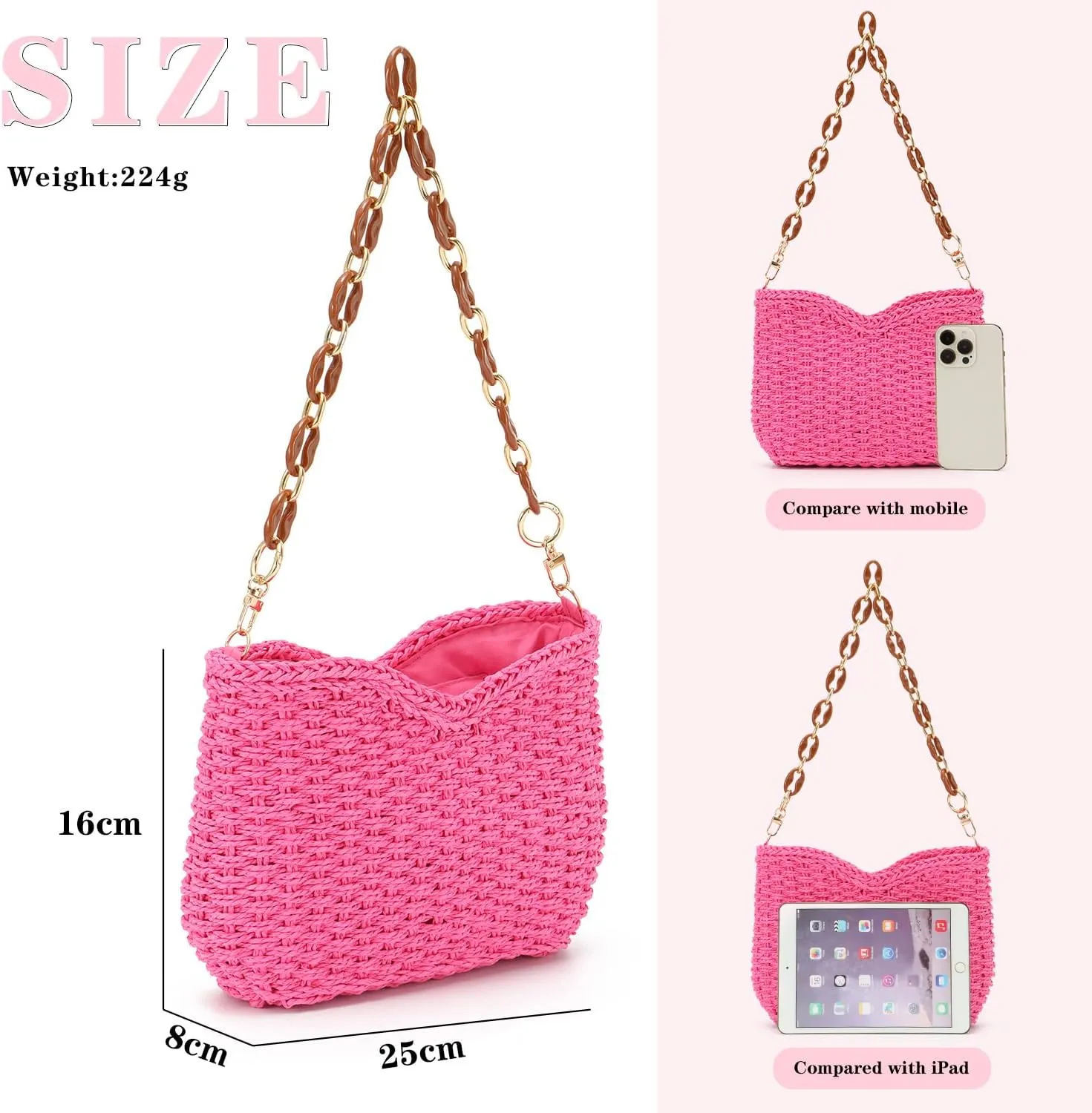 KUANG! Straw Woven Shoulder Bag for Women Summer Beach Tote Bag Crossbody Handbag Satchel Chain Purse