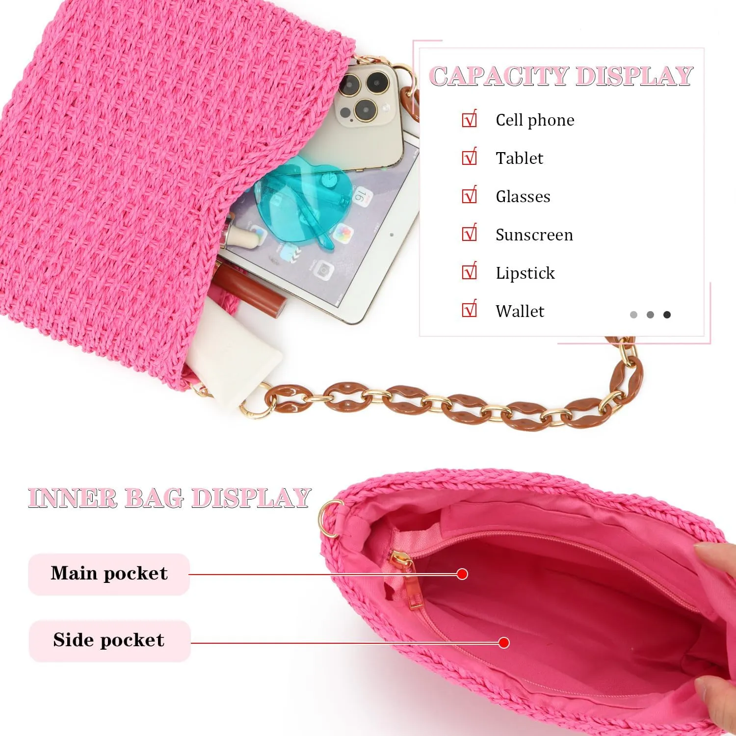 KUANG! Straw Woven Shoulder Bag for Women Summer Beach Tote Bag Crossbody Handbag Satchel Chain Purse