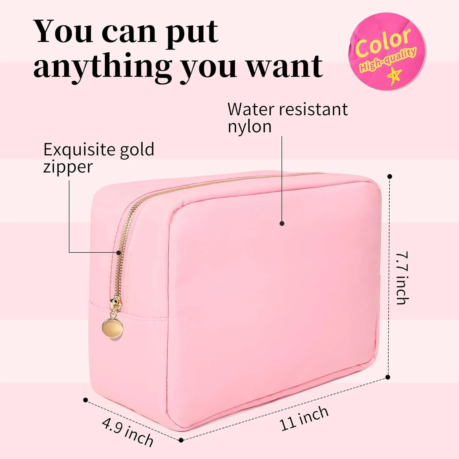 Large Makeup Bag Travel Bag Pouch, Pink Toiletry Bag Makeup Organizer Nylon Bag Cosmetic Preppy Bag Zipper Pouches Brides Bag
