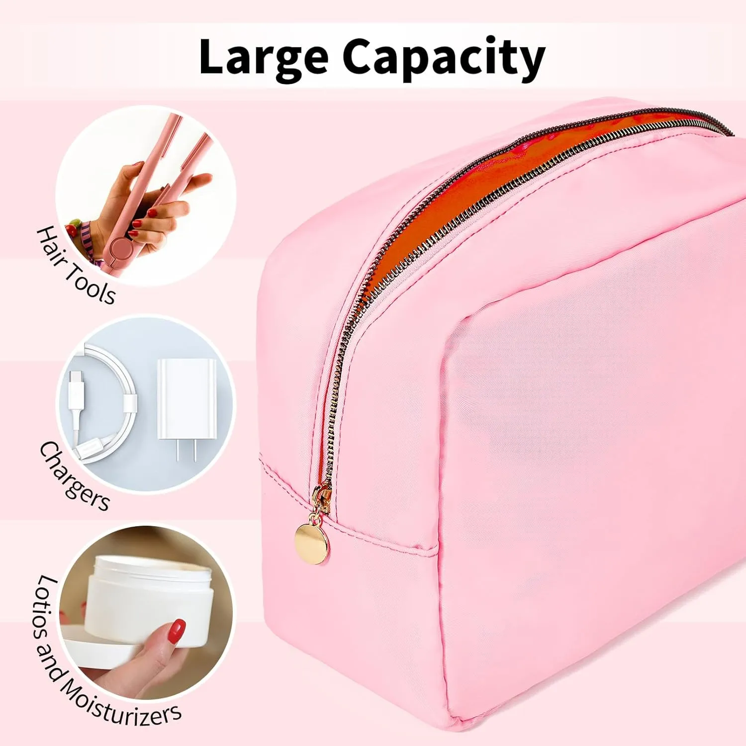 Large Makeup Bag Travel Bag Pouch, Pink Toiletry Bag Makeup Organizer Nylon Bag Cosmetic Preppy Bag Zipper Pouches Brides Bag