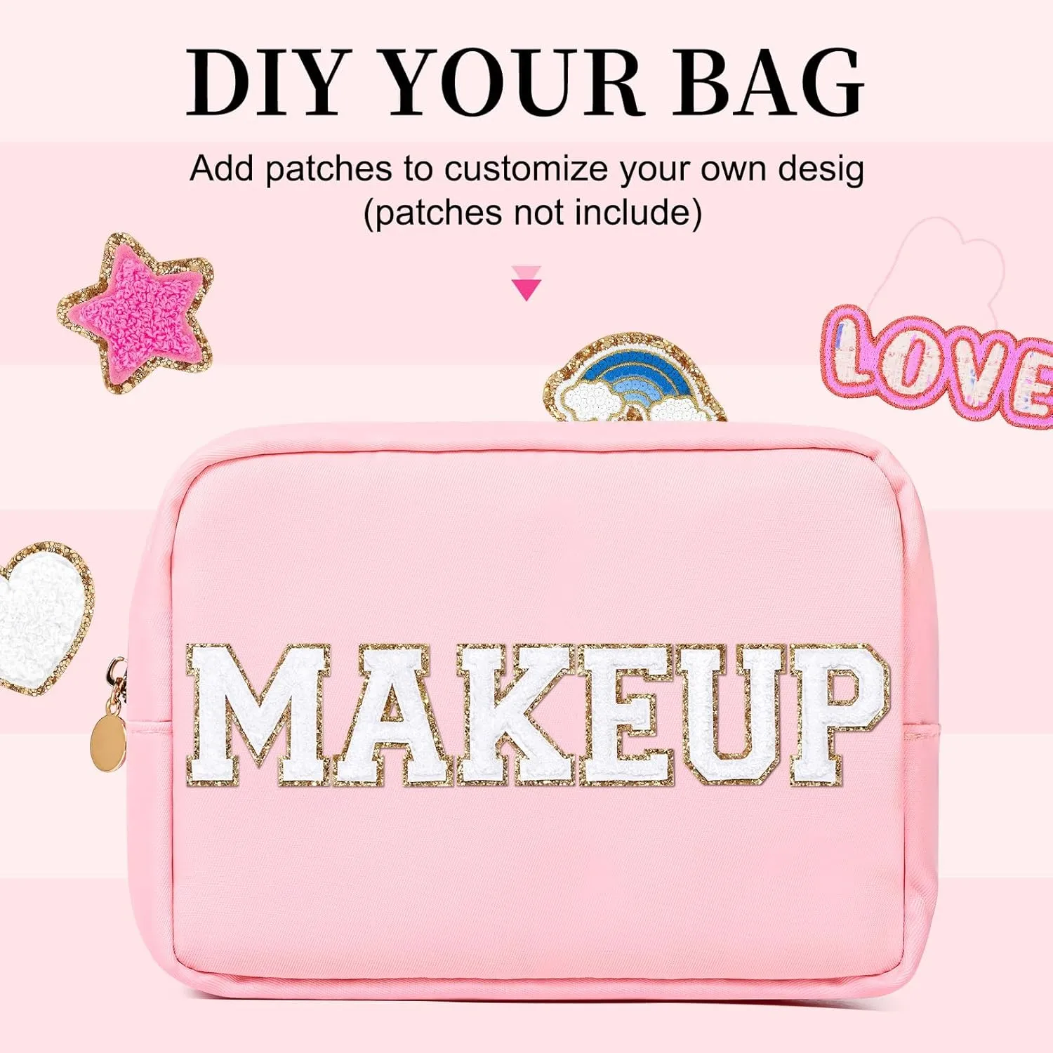 Large Makeup Bag Travel Bag Pouch, Pink Toiletry Bag Makeup Organizer Nylon Bag Cosmetic Preppy Bag Zipper Pouches Brides Bag