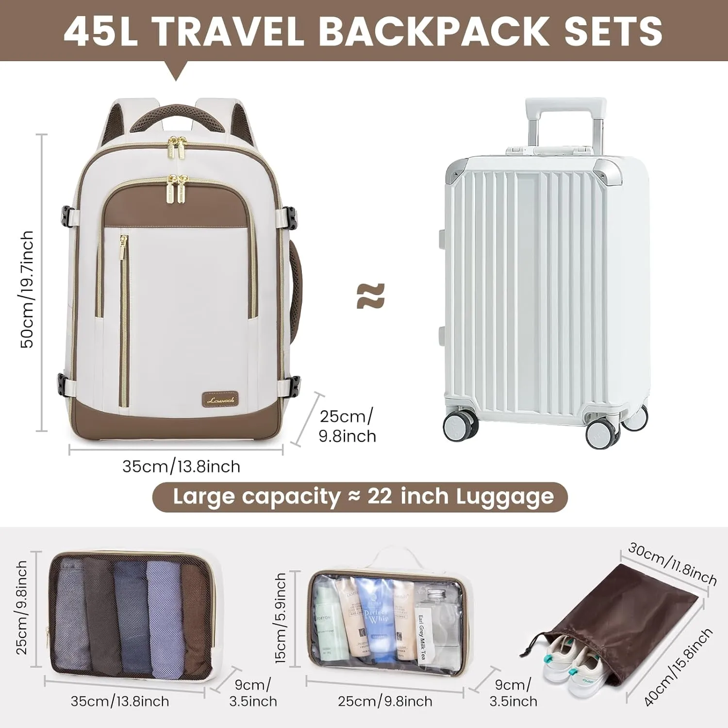 LOVEVOOK Travel Backpack for Women & Men, 45L Carry On Backpack, Personal Item Bag with 3 Packing Cubes, Business Weekender Overnight Luggage Daypack, Fits 18 Inch Laptop, Beige Grey