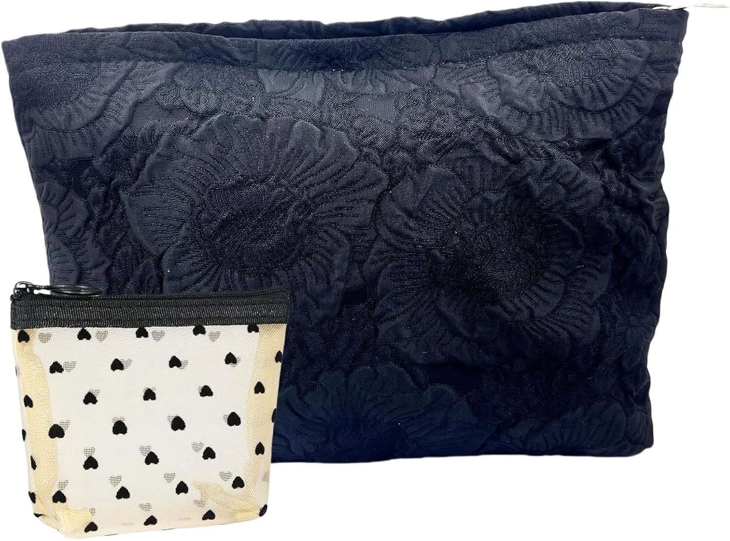 Makeup Bag Cosmetic Travel Bag Small - Portable Aesthetic Makeup Pouch Organizer Floral Zipper Canvas Make Up Bags Large Toiletry Purse for Traveling Women Girls, Embossed Black