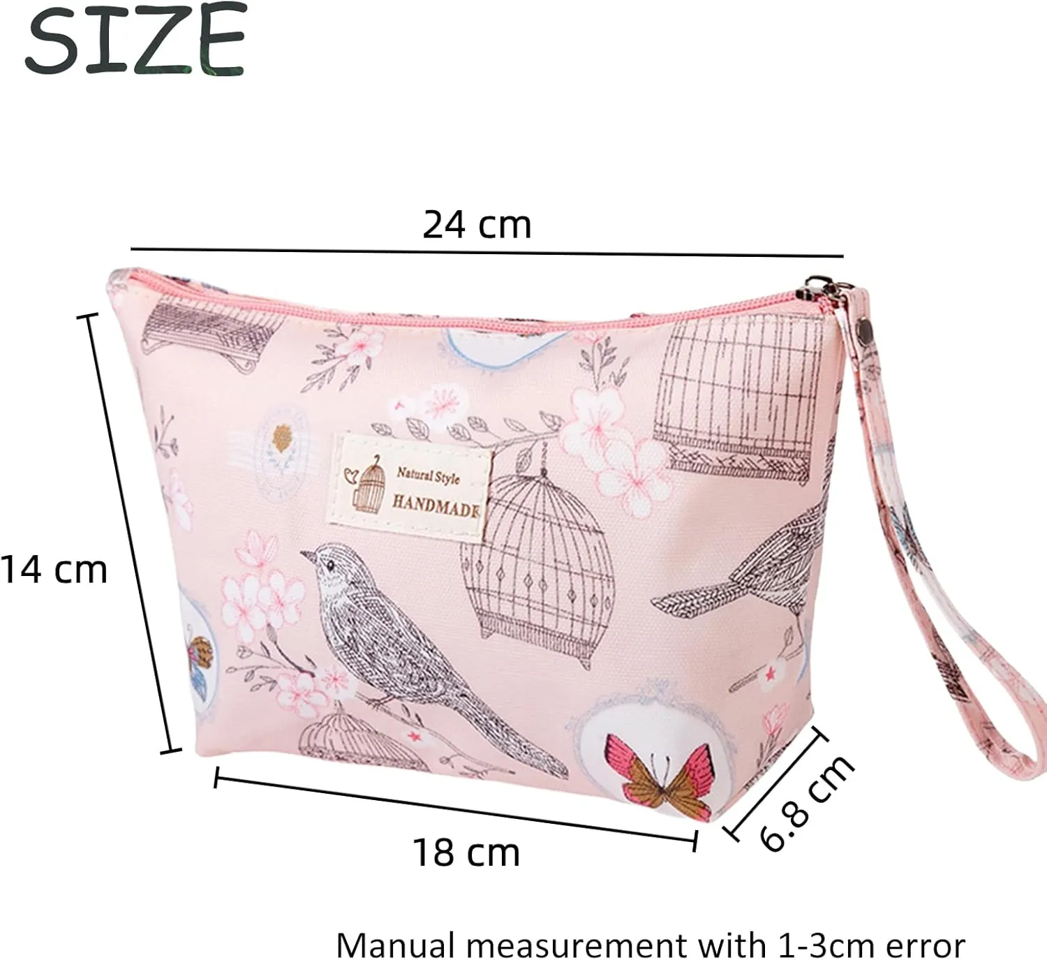 Makeup Bag for Purse Cosmetic Travel Bag: Portable Waterpoof Makeup Pouch Organizer Zipper Funny Bird Floral Make Up Bags Large Toiletry Purse for Women Girls Traveling, Pink